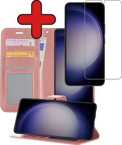 Hoesje - Met Screenprotector - Geschikt voor Samsung Galaxy S23 - Luxe Pasjeshouder - Flipcase - Bookcase Portemonee - Flip Case - Kunstleer Book Case - Book Cover - Walletcase - Portemonneehoes - Telefoonhoes - Rosé goud