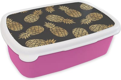 Broodtrommel Roze - Lunchbox - Brooddoos - Ananas - Goud - Luxe - Patronen - 18x12x6 cm - Kinderen - Meisje