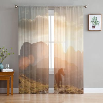 Prachtig Berglandschap Met Paarden Tule Transparante Gordijnen voor Woonkamer Slaapkamer Keuken Decoratie Voile Organza Gordijnen 135W x 114H(cm) white