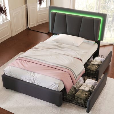 DESMIU Gestoffeerd Bed 90x200cm - Verstelbaar Hoofdbord Met Led Verlichting - 2 Laden Voor Opbergruimte - Voor Slaapkamer - Linnenlook - Grijs - Zonder Matras