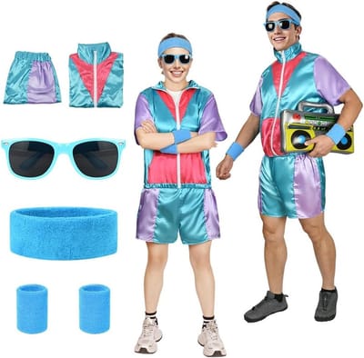 Retro 90s Hip Hop Outfit en 80s Fashion Shell Suit Kostuum voor Disco, Inclusief Headband en Polsbandjes