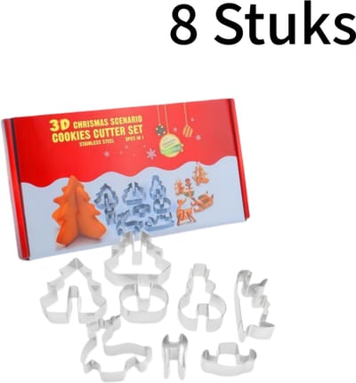 8-delig - Koekjesstempels set - 3D kerstvormpjes - Koekjes snijders - Bakbenodigdheden - Roestvrij staal - in kleurrijke doos - meerkleurig