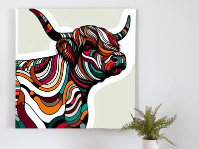 Modern schotse hooglander schilderij | Hedendaagse twist op de majestueuze Schotse hooglander in kunst | Kunst - 60x60 centimeter op Forex | Foto op Forex