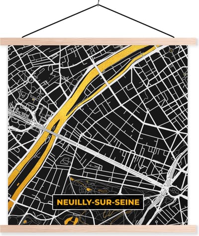 Posterhanger incl. Poster 40x40 cm - Schoolplaat - Stadskaart – Frankrijk – Kaart – Neuilly-sur-Seine – Plattegrond - Textielposter - Blanke latten - Stadskaart