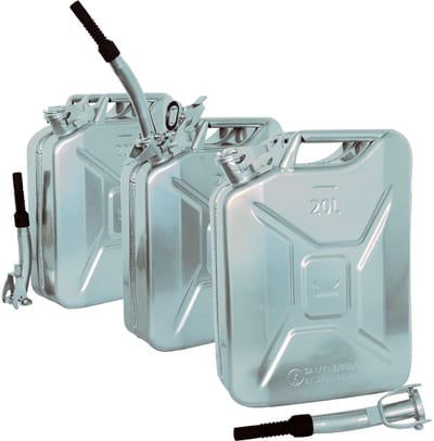 TRUTZHOLM - Metalen Jerrycan Set van 3 - 20 Liter - Zilver - Incl. Schenktuit - Benzine - Diesel - Stalen Brandstofkan