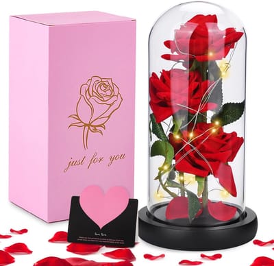 Dailygoods- Roos in Glas met LED Licht - Romantische Cadeau - Nachtlampje - Decoratie - Compact - Kleurrijk Lichtdesign - Lichtgevende Roos