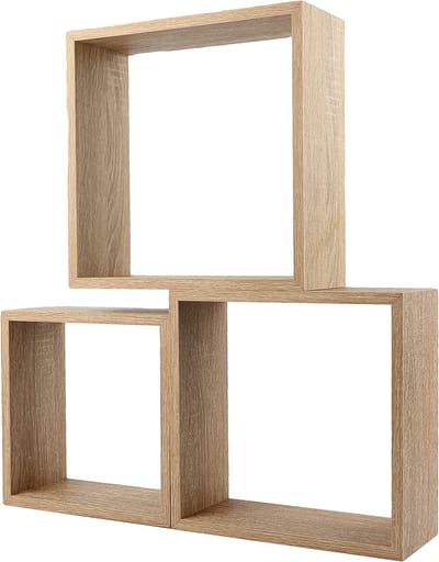 HANSEL HOME Set van 3 wandplanken, kubusplanken, boekenkast, decoratieve objecten, hout, beige, 30/27/24 cm
