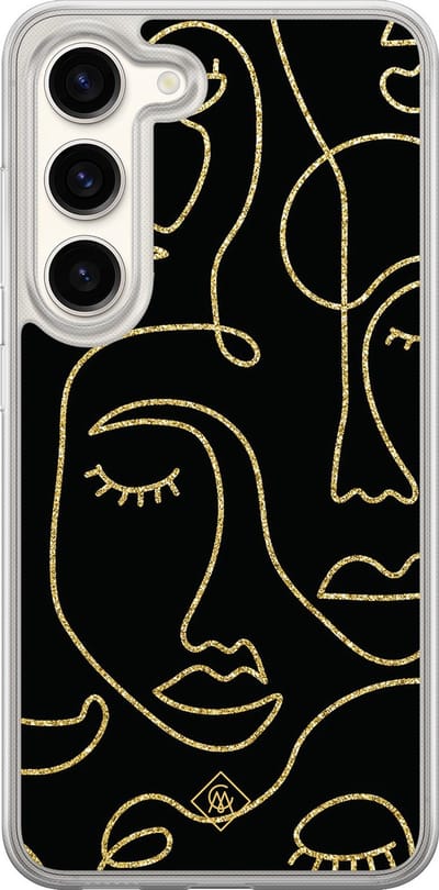 Casimoda® hoesje - Geschikt voor Samsung Galaxy S23 - Abstract Faces - 2-in-1 case - Schokbestendig - Geometrisch patroon - Verhoogde randen - Zwart, Transparant