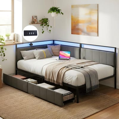 Bedbank met Lades - Eenpersoonsbank Meubel - Ruimtebesparend Slapen - Geïntegreerde USB Poorten - 90 x 200 cm - Zwart Grijs