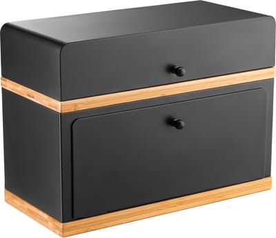 Kos Design - Broodtrommel - Zwart - Bamboe en Staal - Brooddoos met Snijplank - Rechthoekig - 2 Laags - Zwart - 27,5x37,7x17,8 cm
