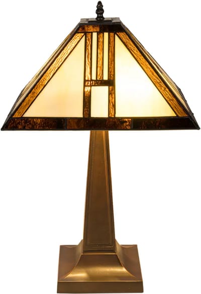 Tiffany tafellamp Mission stijl - Crème-amber - B 35 cm - Glas in lood - Warm licht - Geometrisch - Vierkante kap | RORUVERA