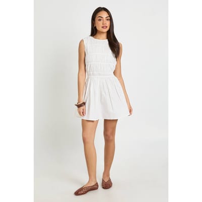 boohoo Dames Katoenen Poplin Mini-jurk Met Shirring | Wit | Maat: 36