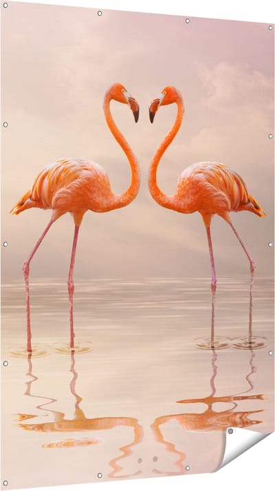 Gards Tuinposter Twee Flamingo's in een Hartjes Vorm - 120x180 cm - Tuindoek - Tuindecoratie - Wanddecoratie buiten - Tuinschilderij