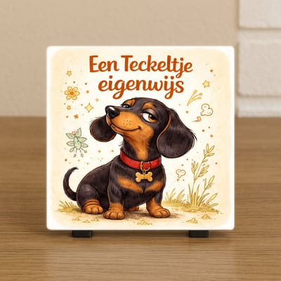 Wenstegeltje " Een teckeltje eigenwijs" black and tan – Cadeau voor hondenliefhebbers – Woordgrap – Spreuktegel – Stijlvolle Woondecoratie met Boodschap – Trendy nu– Hip trendy tegeltje – Cadeau – Decoratief Tegeltje met Standaard – Cadeau Idee