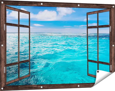 Gards Tuinposter Doorkijk Blauwe Caribische Zee Water - 120x80 cm - Tuindoek - Tuindecoratie - Wanddecoratie buiten - Tuinschilderij