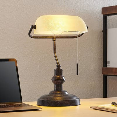 Lindby - bureaulamp - 1licht - Staal, glas - H: 38.5 cm - E27 - roestbruin, amber
