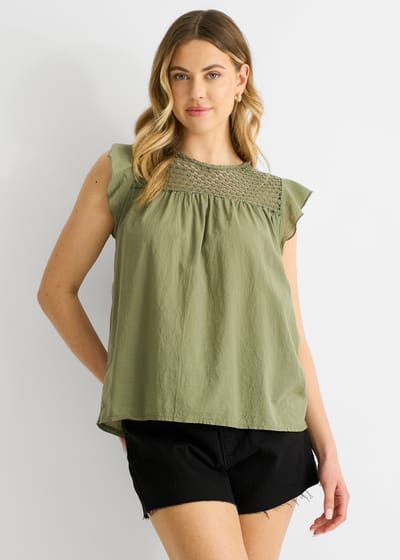 Kaki gehaakte viscose top met losse pasvorm