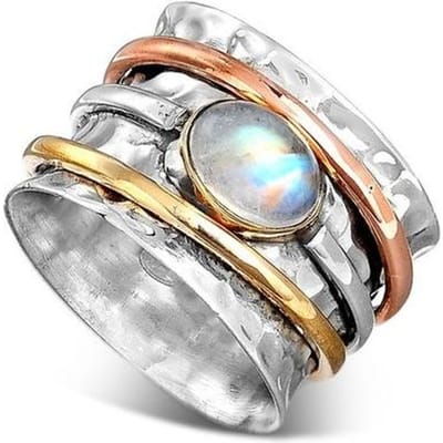 Glanzende ronde maansteenring voor vrouwen Mode metalen driekleurige brede spinnerring Feest Bruids Verlovingssieraden 11