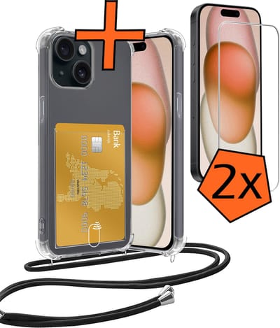 Hoesje Geschikt voor iPhone 15 Hoesje Met Telefoonketting Pasjeshouder Shockproof Case Met 2x Screenprotector Koord - Hoesje Geschikt voor iPhone 15 Hoes Met Kaarthouder - Transparant
