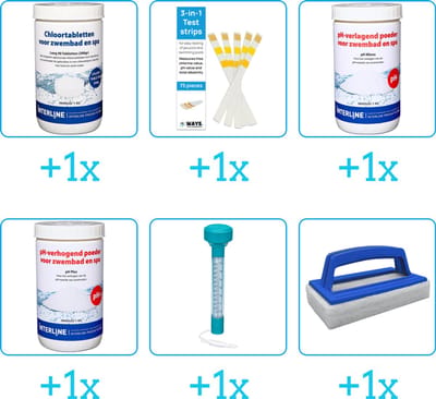 Zwembad Onderhoudspakket - Onderhoud Zwembad - bevat Chloor - Testrips - PH-min - PH-plus - Thermometer en Scrubborstel (6-delig)