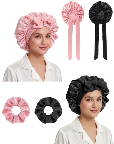 Dailygoods- Slaapmuts Set 2 Stuks - Zijden Bonnet met Scrunchies - Verstelbare Nachtmuts - Anti-Pluis Haarverzorging - Zacht & Ademend Materiaal - Nachtkapje