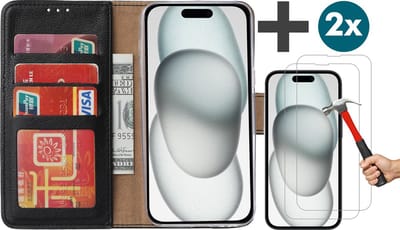 Hoesje met 2 Stuks Screenprotectors Geschikt voor iPhone 15 – Arara bookcase met pasjeshouder - Zwart
