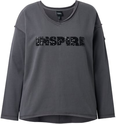 Ulla Popken - Dames - Sweatshirt paillet-letters V-hals lange mouwen - Grafietgrijs - Maat 42+