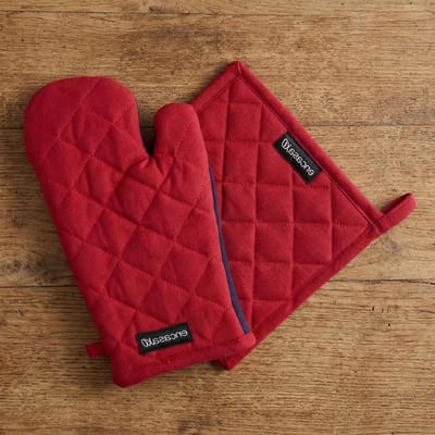 Ovenhandschoen en pannenlap set - Keukenwanten kookset - Veilig koken en bakken - 100% puur katoen - 18x30 cm