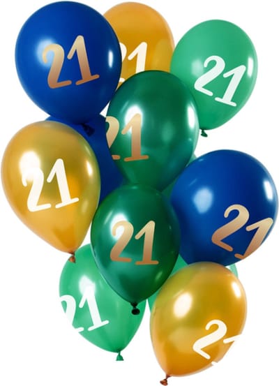 Folat - Ballonnen 21 Jaar Blauw-Groen-Goud 30 cm - 12 stuks