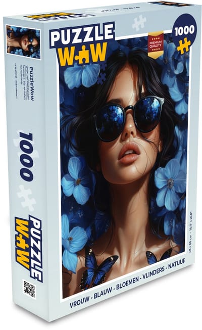 Puzzel Vrouw - Blauw - Bloemen - Vlinders - Natuur - Legpuzzel - Puzzel 1000 stukjes volwassenen
