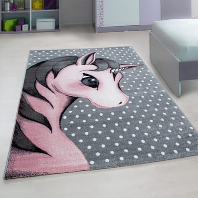 Muratap Kids eenhoorn vloerkleed kinderkamer roze / grijs laagpolig- 120x170 cm