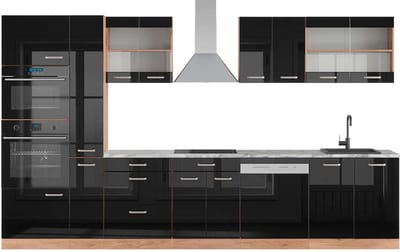 Vicco R-Line Complete keukeneenheid – 350 cm met hoge kast, WB Marmer Eiken hoogglans zwart/goud