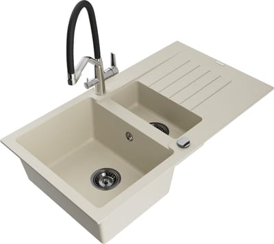 Mexen Matias granieten gootsteen 1,5-kamer met afdruiprek en keukenmengkraan Duo, beige - 6502-69-671701-07-B