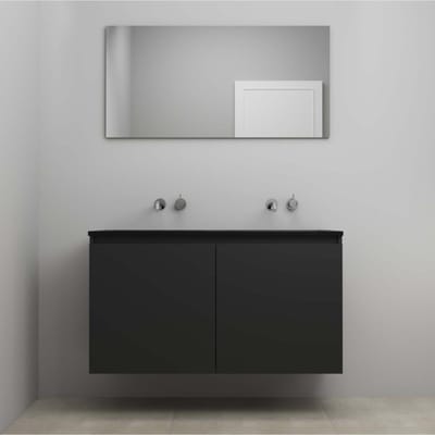 On-Line Badkamermeubelset - 120 cm - Voorgemonteerd - Greeploze Ladestructuur - Acryl Wastafel - zonder Kraangat - Spiegel - Mat Zwart - V01