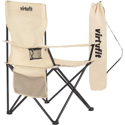 VirtuFit Opvouwbare Camping Stoel - Strandstoel met Armsteunen - Beige - Inclusief Draagtas - Voor Festivals, Campings & Stranden