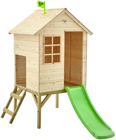 Huisje op palen van FSC®-hout met appelgroene glijbaan SUNNYSIDE