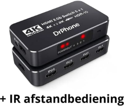 DrPhone ARC4 V2 5x 1 HDMI 2.0B HDMI Switch - 4K HDR10 - 5 IN 1 OUT - 4K 60Hz - Ondersteunt Dolby Vision -High Speed (Max tot 18.5Gbps) - HDCP 2.2 & 3D