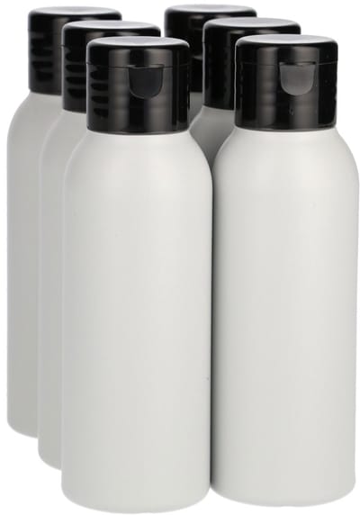 6 x Gerecyclede Plastic Fles 100 ml Klepdop Zwart - Rond - HDPE- Gerecycled HDPE Kunststof - Onbreekbaar - ca. 70% minder Co2 uitstoot door gerecycled materiaal - 6 stuks