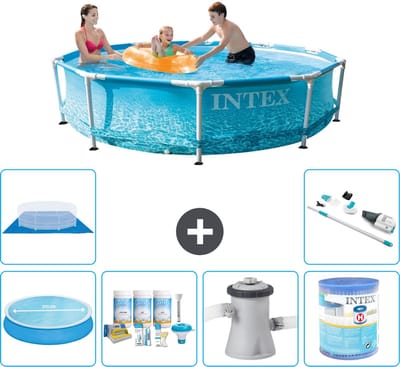 Intex Rond Frame Zwembad - 305 x 76 cm - Waterprint - Inclusief Solarzeil - Onderhoudspakket - Zwembadfilterpomp - Filter - Grondzeil - Stofzuiger - 7-delig
