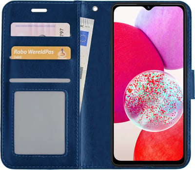 Hoesje - Met Pasjeshouder - Geschikt voor Samsung Galaxy A14 - Luxe Bookcase Portemonee - Flip Case - Kunstleer Book Case - Flipcase - Book Cover - Walletcase - Portemonneehoes - Donkerblauw