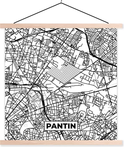 Posterhanger incl. Poster 40x40 cm - Schoolplaat - Frankrijk - Plattegrond - Pantin - Stadskaart - Kaart - Zwart wit - Textielposter - Blanke latten - Stadskaart