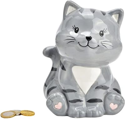 Wurm Spaarpot kat/poes - keramiek - grijs - 16 x 12 x 10 cm - sparen - kinderen