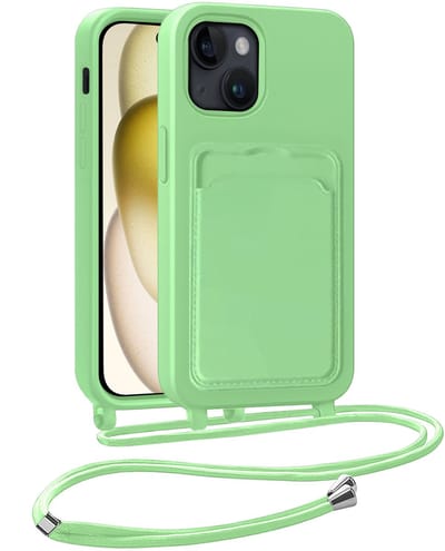 Hoesje Geschikt voor iPhone 15 Plus Telefoonhoesje Met Koord Case Pashouder Siliconen - Hoes Geschikt voor iPhone 15 Plus Hoesje Met Kaarthouder - Groen