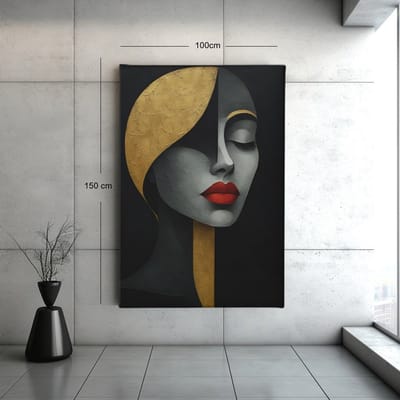 Canvas Schilderij -Vrouw - Abstract - Zwart en Goud - Wall Art - 60x40x2 cm