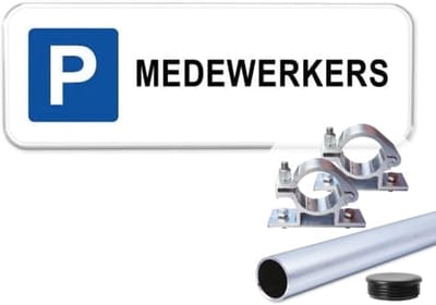 Parkeerbord Medewerkers - Weerbestendig Aluminium - 40x15 cm - Bevestiging: Met paal 120 cm + paalbeugels + paaldop