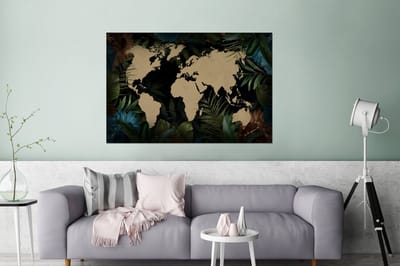Aluminium schilderij 180x120 cm - Wanddecoratie metaal - Wereldkaart - Tropische Planten - Bladeren - Metalen muurdecoratie woonkamer - Decoratie industrieel - Foto op dibond - Industriële accessoires slaapkamer