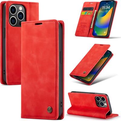 Casemania Hoesje Geschikt voor Apple iPhone 14 Pro Crimson Red - Dunne Portemonnee Book Case - Slim Wallet Case met Pasjeshouder