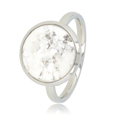 My Bendel - Zilverkleurige Ring met Ronde Marble - Zilverkleurige Ring met Howlite - Unieke Kleurbanen - met Luxe Cadeauverpakking | Sieraden Voor Dames | Maat 19.00 Mm / Maat 60