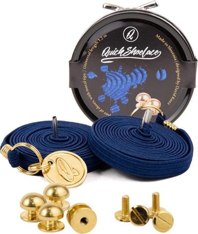 Quick shoelaces - Met één hand veters strikken - Prestige - Gecoat met een laagje 24k goud - Marine - Schoenveter met fixatie rond - Marine Blauw
