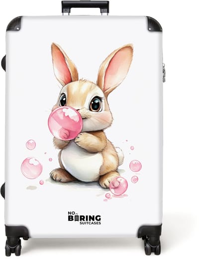 NoBoringSuitcases.com® - Koffer groot - Reiskoffer lichtgewicht - Bruin konijntje met roze bellen - Rolkoffer met 4 wielen - Grote trolley XL - 98 liter bagage